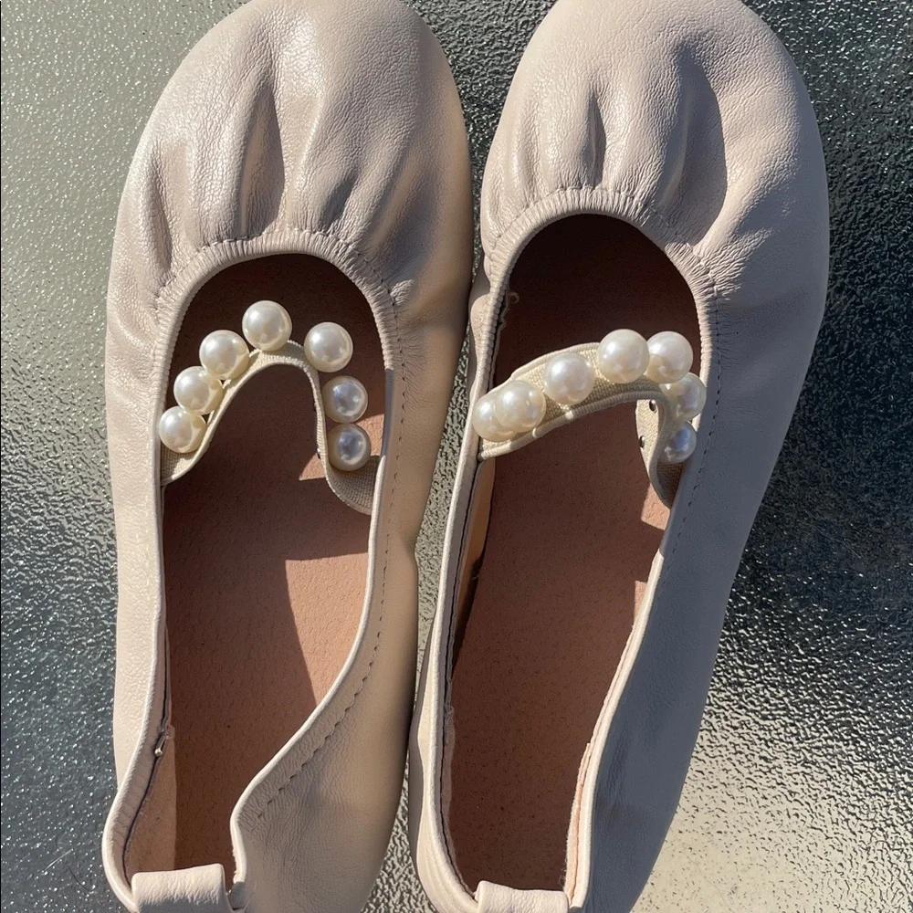 Fashion Brand Co Balletcore Cream Leather Pearl Strap Ballet Slippers EUR 31